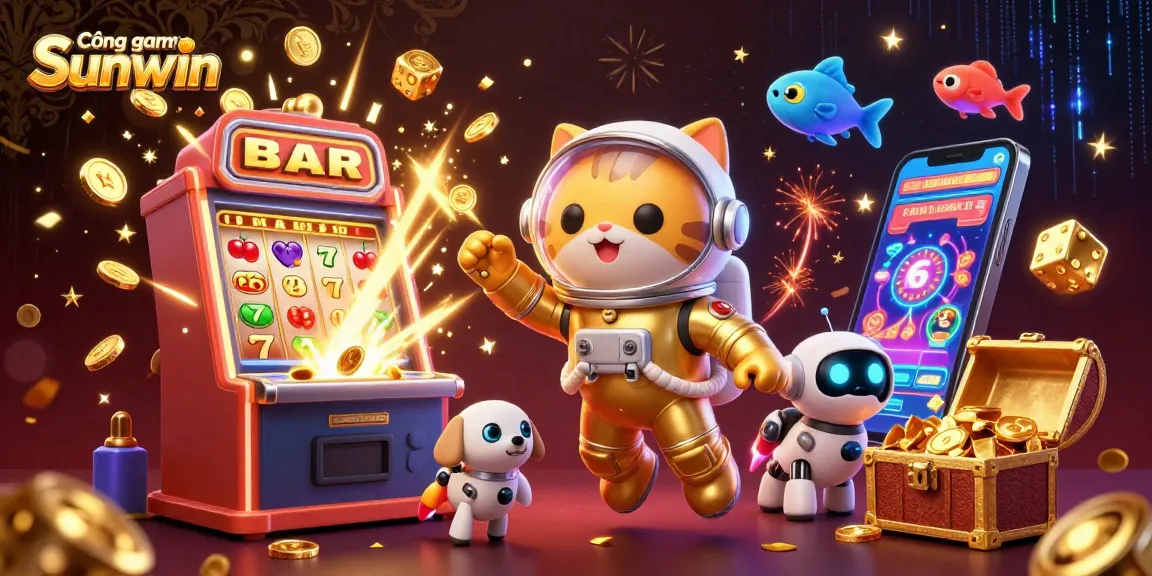 Cổng game Sunwin features a dynamic scene with an astronaut cat and a robot dog amidst casino elements like exploding slot machines and dazzling gold.