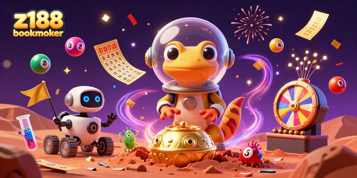 Win exciting prizes at z188 bookmaker with a dynamic 3D casino illustration featuring alien characters and festive elements.