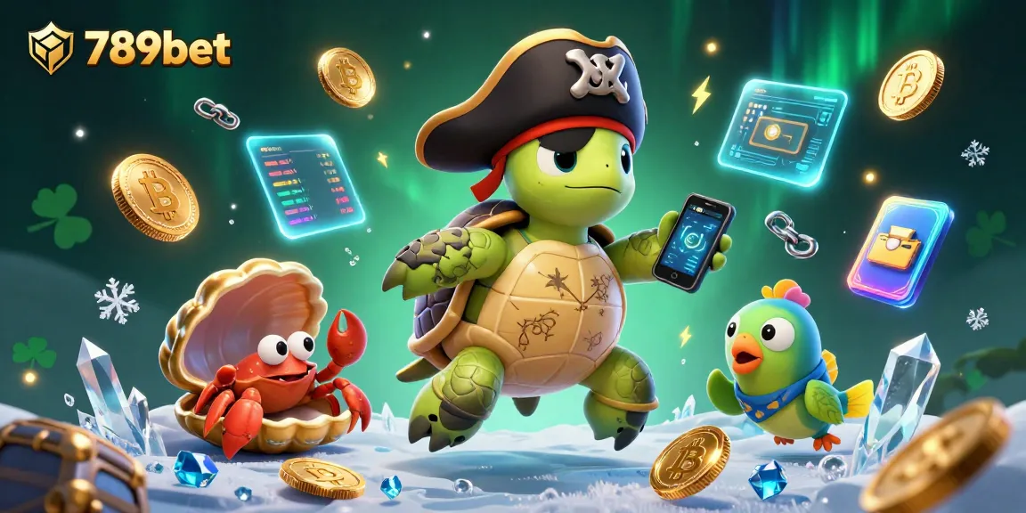 Play and win big at 789bet, featuring a pirate turtle, crab, and fish amidst treasure and crypto elements.