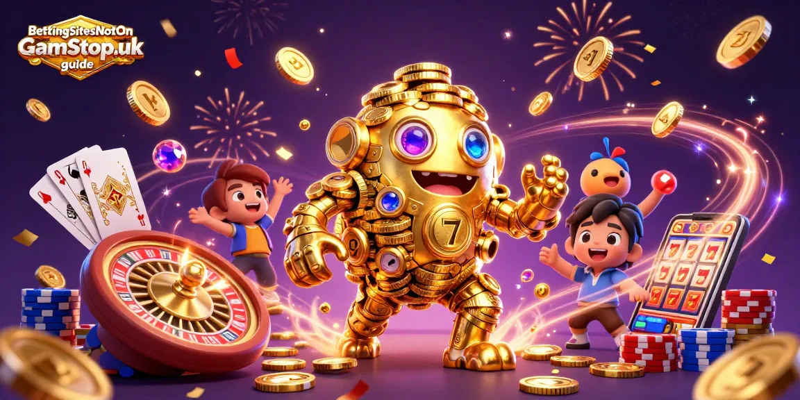 BettingSitesNotOnGamStop.uk guide showcases a golden golem surrounded by casino elements.