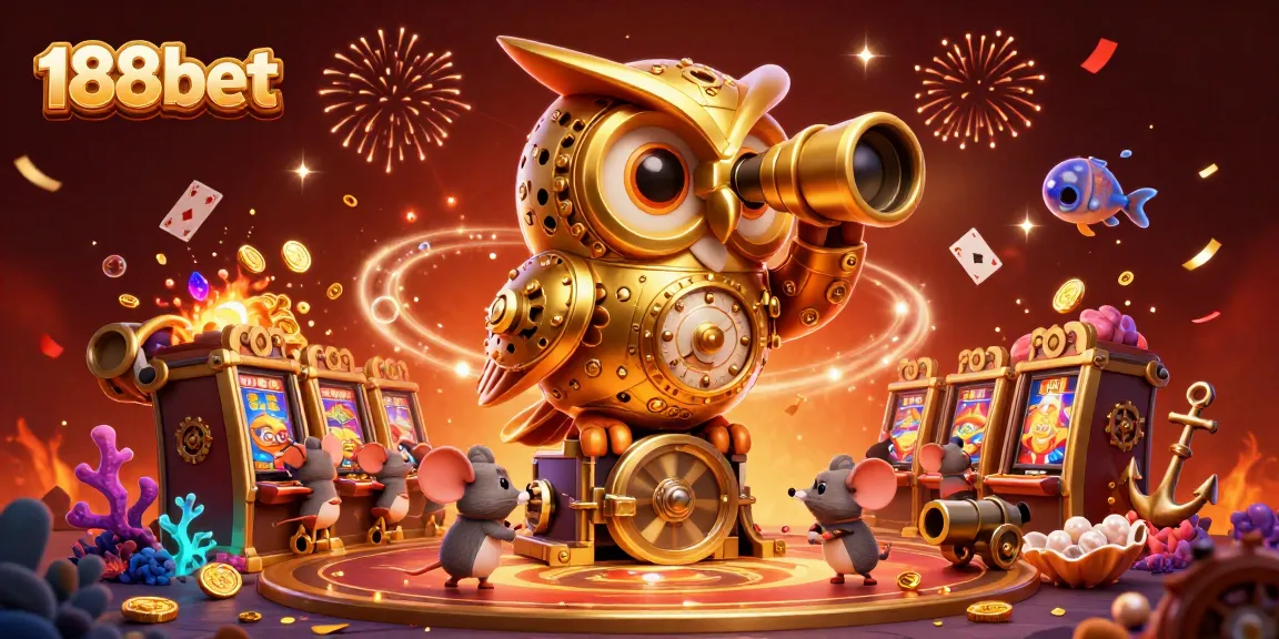 Explore vibrant casino action with the 188bet owl and lucky wind-up mice in a wealthy treasure scene.