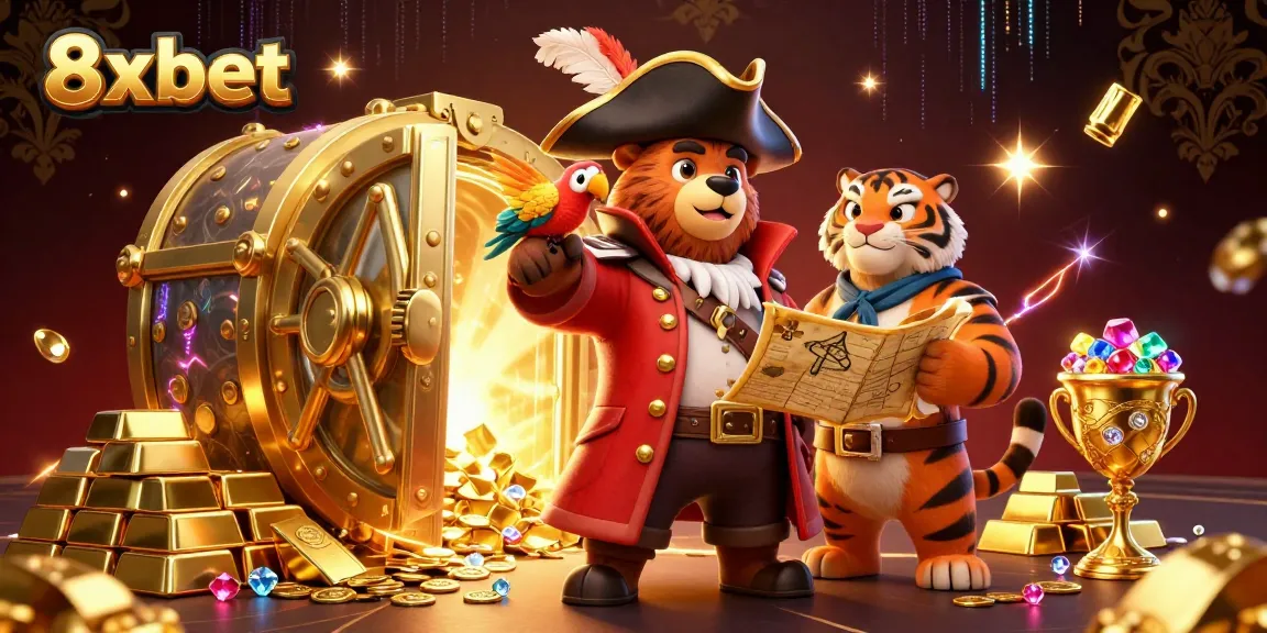 Win exciting rewards at 8xbet with a vibrant pirate-themed casino adventure illustration featuring golden treasures.
