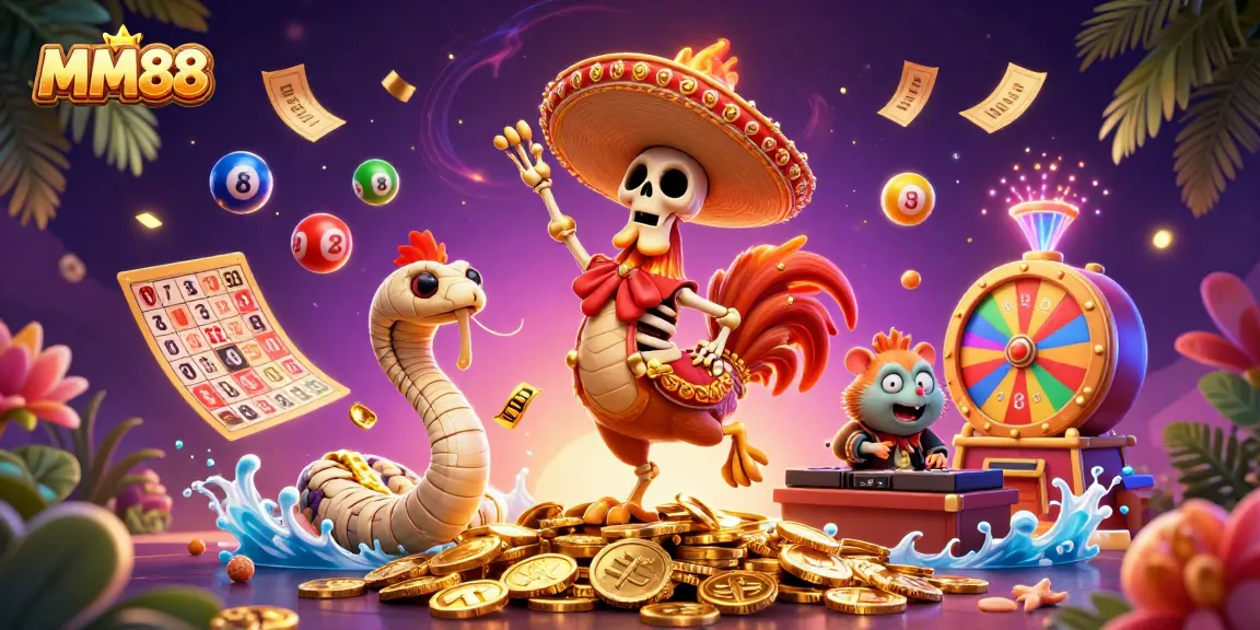 Join the excitement at MM88 with a vibrant gathering of cartoon characters celebrating on golden coins.
