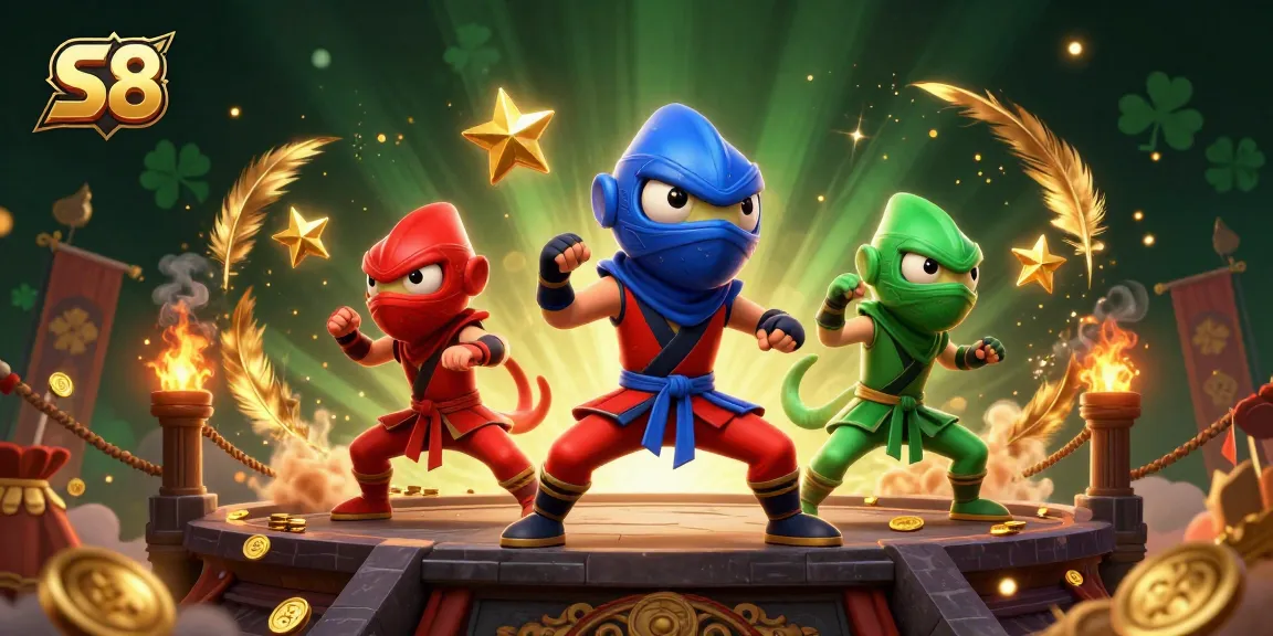 S8 showcases a vibrant 3D illustration with ninja chameleons engaging in dynamic martial arts surrounded by casino elements.