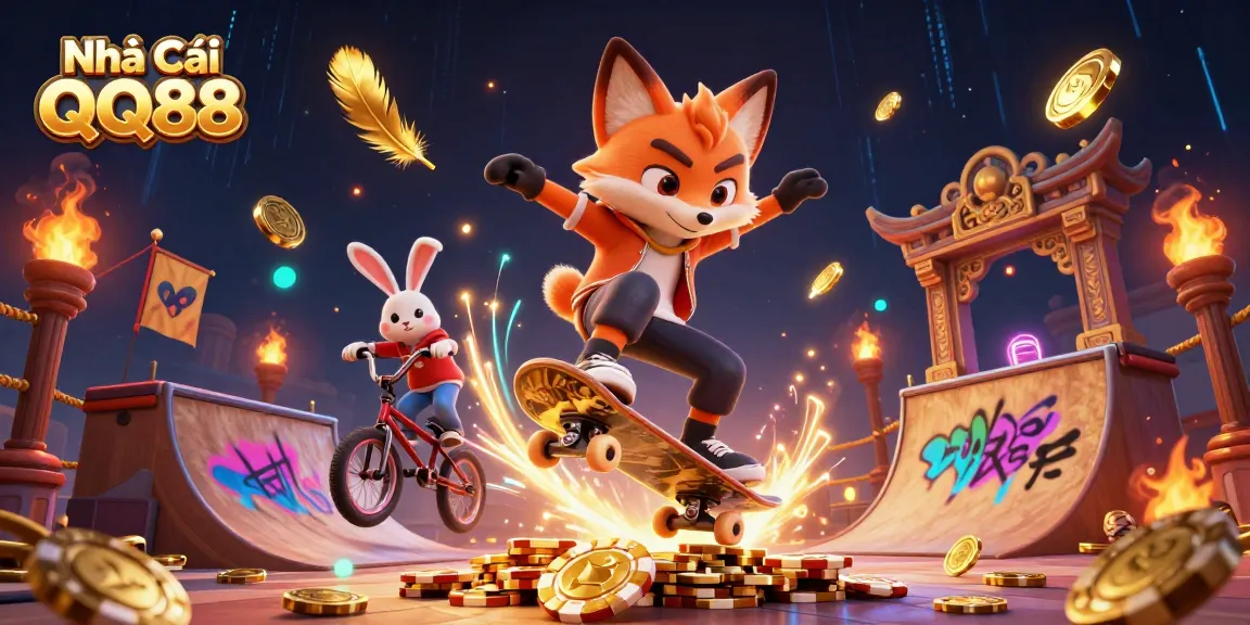 Experience the thrill with Nhà Cái QQ88's vibrant casino scene featuring a skateboarding fox and BMX rabbit.